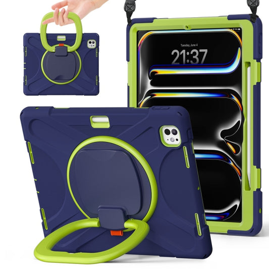 For iPad Pro 13 2024 Silicone Hybrid PC Tablet Case with Holder & Shoulder Strap(Navy Blue Lime) - iPad Pro 13 2024 Cases by buy2fix | Online Shopping UK | buy2fix