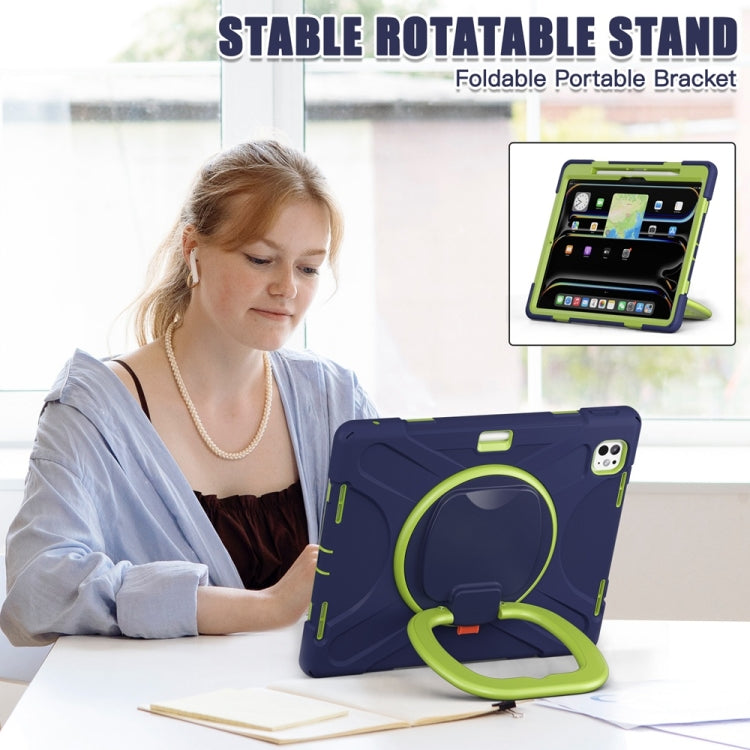 For iPad Pro 13 2024 Silicone Hybrid PC Tablet Case with Holder & Shoulder Strap(Navy Blue Lime) - iPad Pro 13 2024 Cases by buy2fix | Online Shopping UK | buy2fix