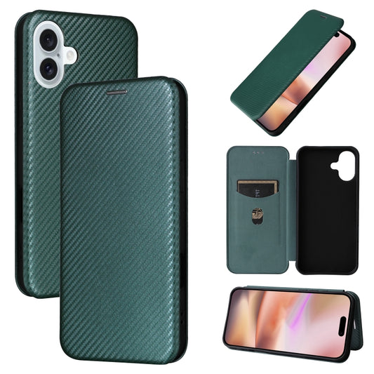 For iPhone 16 Carbon Fiber Texture Flip Leather Phone Case(Green) - iPhone 16 Cases by buy2fix | Online Shopping UK | buy2fix