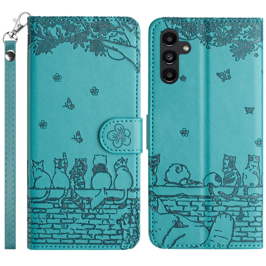 For Samsung Galaxy S25 5G Cat Embossing Pattern Leather Phone Case with Lanyard(Blue) - Galaxy S25 5G Cases by buy2fix | Online Shopping UK | buy2fix