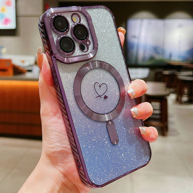 For iPhone 13 Pro Max Loves Gradient Glitter Carbon Fiber Magsafe TPU Phone Case(Purple) - iPhone 13 Pro Max Cases by buy2fix | Online Shopping UK | buy2fix