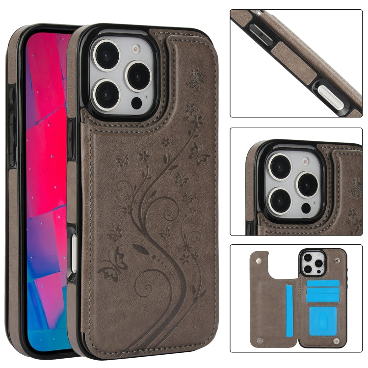 For iPhone 16 Pro Max Double Buckle Butterfly Embossing PU Phone Case(Grey) - iPhone 16 Pro Max Cases by buy2fix | Online Shopping UK | buy2fix