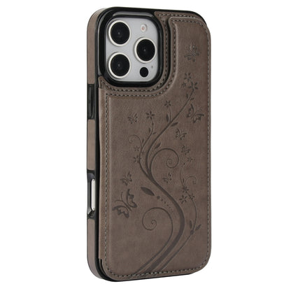 For iPhone 16 Pro Double Buckle Butterfly Embossing PU Phone Case(Grey) - iPhone 16 Pro Cases by buy2fix | Online Shopping UK | buy2fix