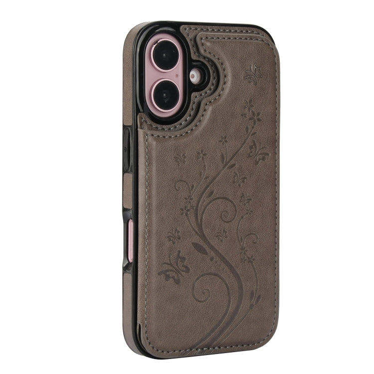 For iPhone 16 Double Buckle Butterfly Embossing PU Phone Case(Grey) - iPhone 16 Cases by buy2fix | Online Shopping UK | buy2fix