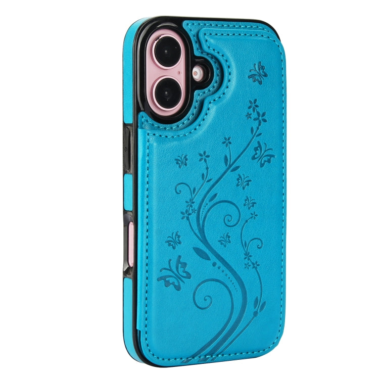 For iPhone 16 Double Buckle Butterfly Embossing PU Phone Case(Blue) - iPhone 16 Cases by buy2fix | Online Shopping UK | buy2fix