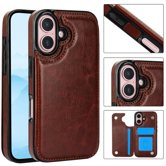 For iPhone 16 Double Buckle Crazy Horse Texture PU Phone Case(Brown) - iPhone 16 Cases by buy2fix | Online Shopping UK | buy2fix