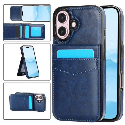 For iPhone 16 Plus Solid Color Card Slots Bracket PU Phone Case(Blue) - iPhone 16 Plus Cases by buy2fix | Online Shopping UK | buy2fix