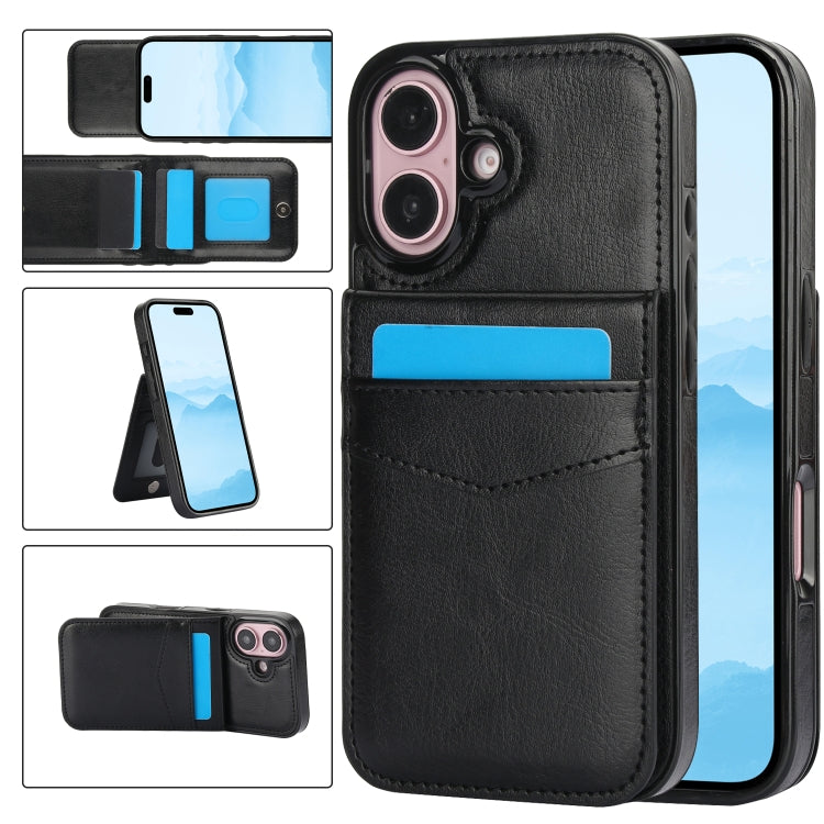 For iPhone 16 Solid Color Card Slots Bracket PU Phone Case(Black) - iPhone 16 Cases by buy2fix | Online Shopping UK | buy2fix