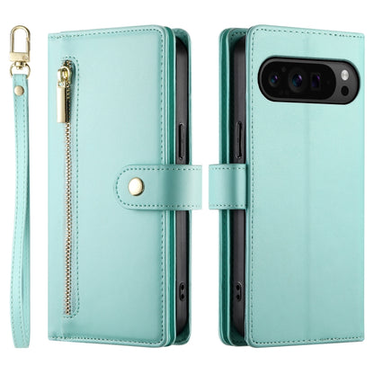 For Google Pixel 9 Pro XL Nine Card-slot Zipper Wallet Bag Leather Phone Case(Mint Green) - Google Cases by buy2fix | Online Shopping UK | buy2fix