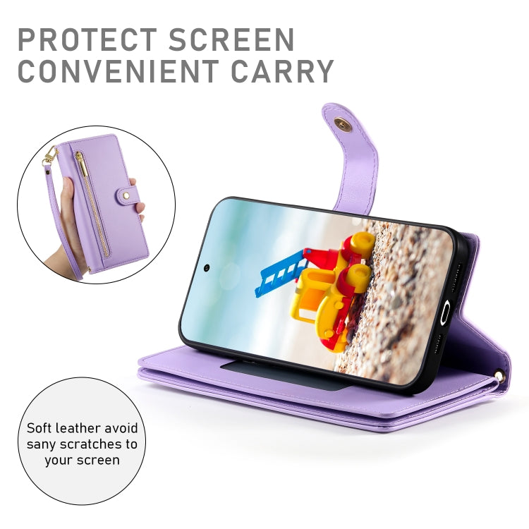 For Google Pixel 9 Pro XL Nine Card-slot Zipper Wallet Bag Leather Phone Case(Purple) - Google Cases by buy2fix | Online Shopping UK | buy2fix