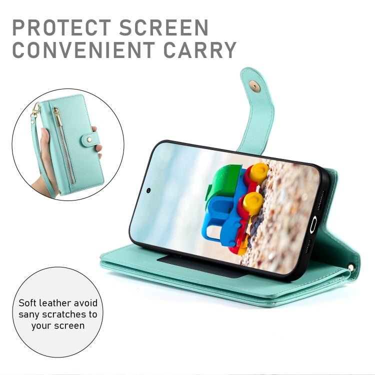 For Google Pixel 9 / 9 Pro Nine Card-slot Zipper Wallet Bag Leather Phone Case(Mint Green) - Google Cases by buy2fix | Online Shopping UK | buy2fix