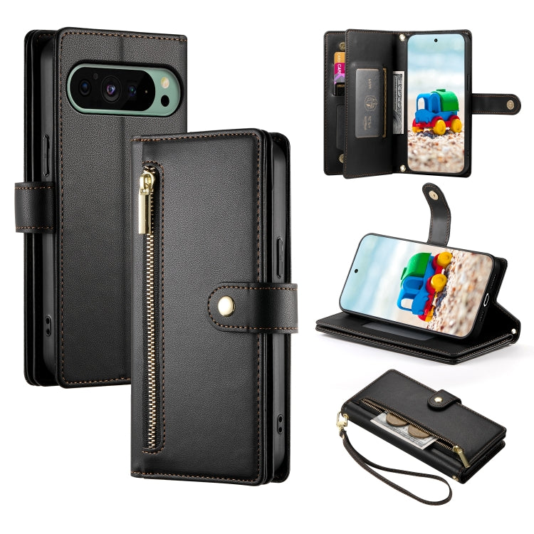 For Google Pixel 9 / 9 Pro Nine Card-slot Zipper Wallet Bag Leather Phone Case(Black) - Google Cases by buy2fix | Online Shopping UK | buy2fix