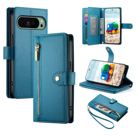 For Google Pixel 9 / 9 Pro Nine Card-slot Zipper Wallet Bag Leather Phone Case(Blue) - Google Cases by buy2fix | Online Shopping UK | buy2fix