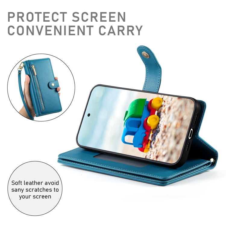 For Google Pixel 9 / 9 Pro Nine Card-slot Zipper Wallet Bag Leather Phone Case(Blue) - Google Cases by buy2fix | Online Shopping UK | buy2fix