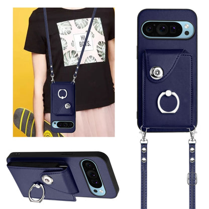 For Google Pixel 9 / 9 Pro Organ Card Bag Ring Holder Phone Case with Long Lanyard(Blue) - Google Cases by buy2fix | Online Shopping UK | buy2fix