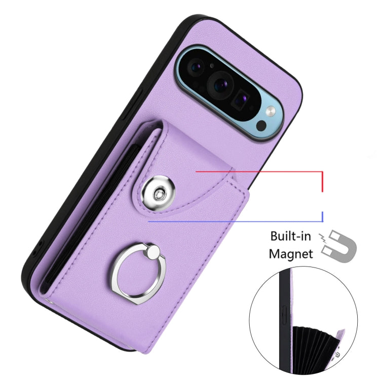 For Google Pixel 9 / 9 Pro Organ Card Bag Ring Holder Phone Case with Long Lanyard(Purple) - Google Cases by buy2fix | Online Shopping UK | buy2fix