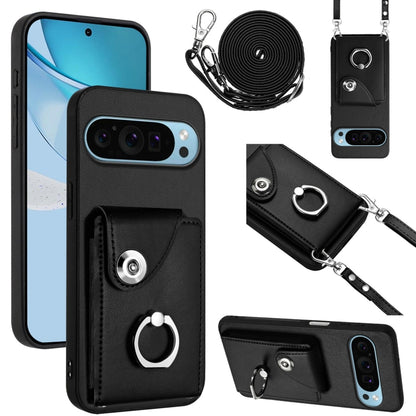 For Google Pixel 9 / 9 Pro Organ Card Bag Ring Holder Phone Case with Long Lanyard(Black) - Google Cases by buy2fix | Online Shopping UK | buy2fix