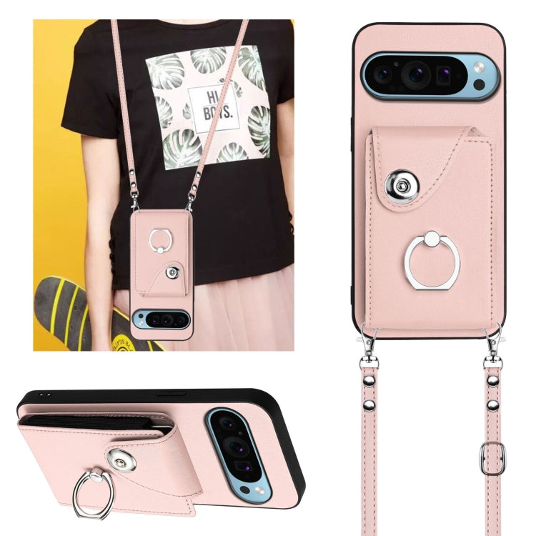 For Google Pixel 9 / 9 Pro Organ Card Bag Ring Holder Phone Case with Long Lanyard(Pink) - Google Cases by buy2fix | Online Shopping UK | buy2fix