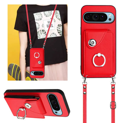 For Google Pixel 9 / 9 Pro Organ Card Bag Ring Holder Phone Case with Long Lanyard(Red) - Google Cases by buy2fix | Online Shopping UK | buy2fix