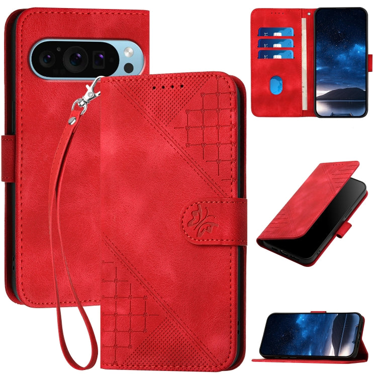 For Google Pixel 9 Pro XL YX0080 Grid Butterfly Embossed Pattern Flip Leather Phone Case with Lanyard(Red) - Google Cases by buy2fix | Online Shopping UK | buy2fix