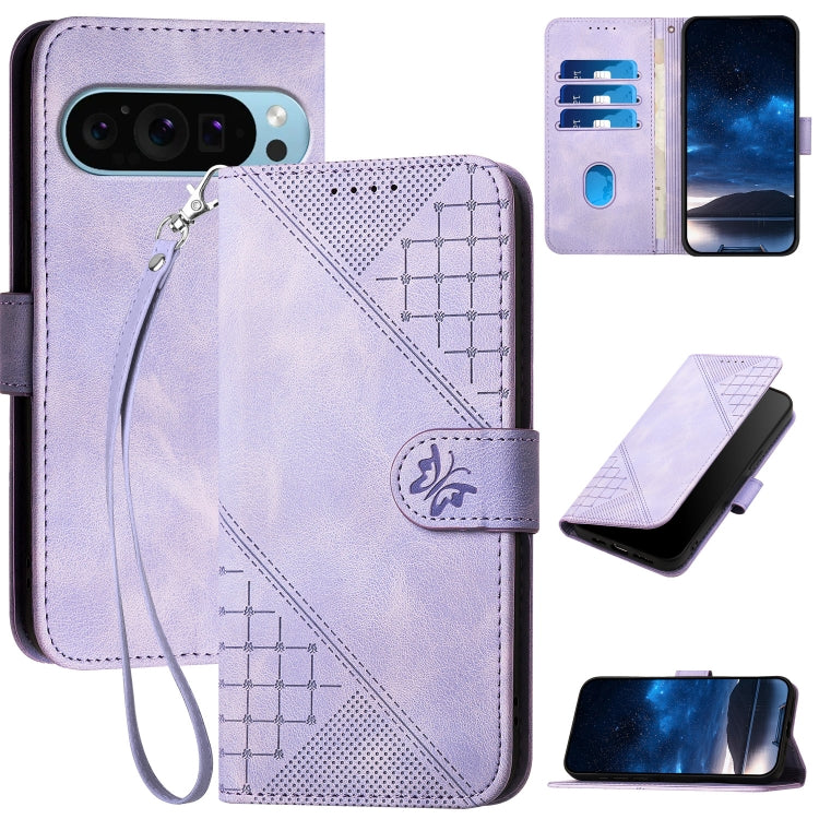 For Google Pixel 9 Pro XL YX0080 Grid Butterfly Embossed Pattern Flip Leather Phone Case with Lanyard(Light Purple) - Google Cases by buy2fix | Online Shopping UK | buy2fix