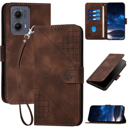 For Motorola Edge 2024 5G Global YX0080 Grid Butterfly Embossed Pattern Flip Leather Phone Case with Lanyard(Coffee) - Motorola Cases by buy2fix | Online Shopping UK | buy2fix