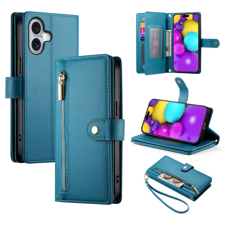 For iPhone 16 Nine Card-slot Zipper Wallet Bag Leather Phone Case(Blue) - iPhone 16 Cases by buy2fix | Online Shopping UK | buy2fix