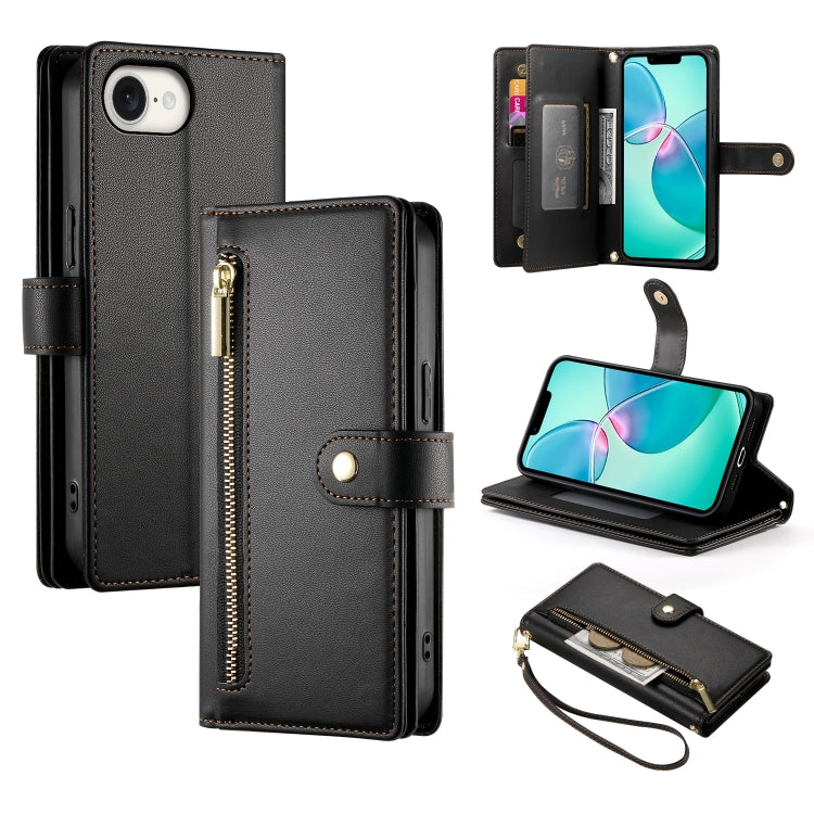 For iPhone SE 4 2024 Nine Card-slot Zipper Wallet Bag Leather Phone Case(Black) - More iPhone Cases by buy2fix | Online Shopping UK | buy2fix