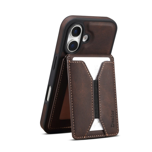 For iPhone 16 Denior D18 Skin Feel Rotating Holder MagSafe Detachable Card Slot Phone Case(Brown) - iPhone 16 Cases by Denior | Online Shopping UK | buy2fix