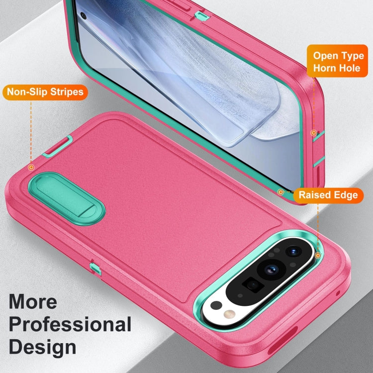 For Google Pixel 9 Pro Rugged PC + Silicone Phone Case with Holder(Rose Red+Light Green) - Google Cases by buy2fix | Online Shopping UK | buy2fix