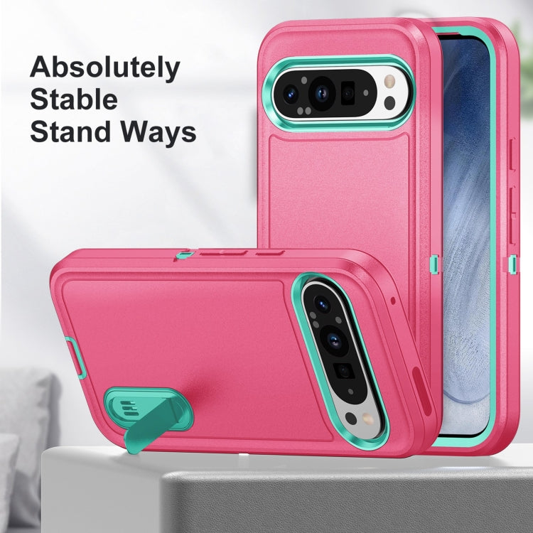 For Google Pixel 9 Pro Rugged PC + Silicone Phone Case with Holder(Rose Red+Light Green) - Google Cases by buy2fix | Online Shopping UK | buy2fix