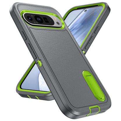 For Google Pixel 9 Pro Rugged PC + Silicone Phone Case with Holder(Grey+Fresh Green) - Google Cases by buy2fix | Online Shopping UK | buy2fix