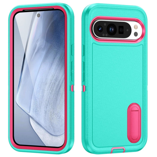 For Google Pixel 9 Pro Rugged PC + Silicone Phone Case with Holder(Light Green+Rose Red) - Google Cases by buy2fix | Online Shopping UK | buy2fix