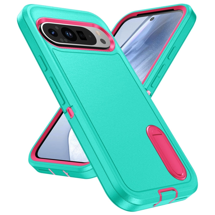 For Google Pixel 9 Pro Rugged PC + Silicone Phone Case with Holder(Light Green+Rose Red) - Google Cases by buy2fix | Online Shopping UK | buy2fix