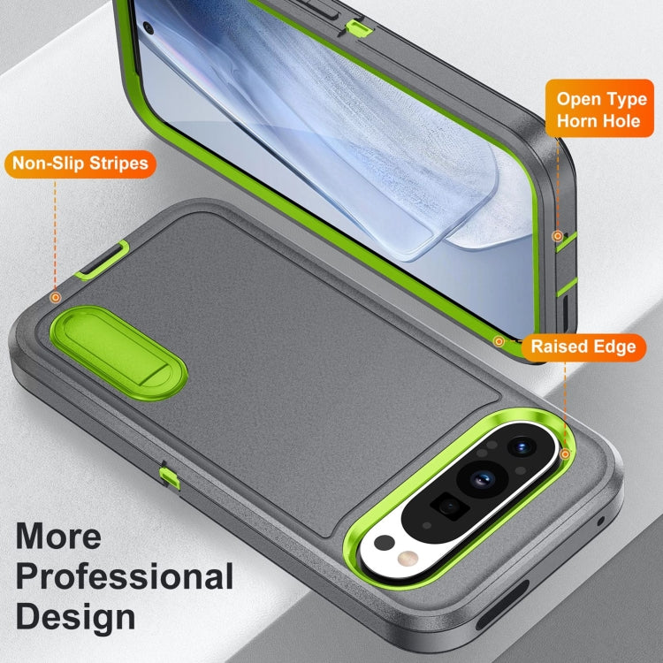 For Google Pixel 9 Rugged PC + Silicone Phone Case with Holder(Grey+Fresh Green) - Google Cases by buy2fix | Online Shopping UK | buy2fix