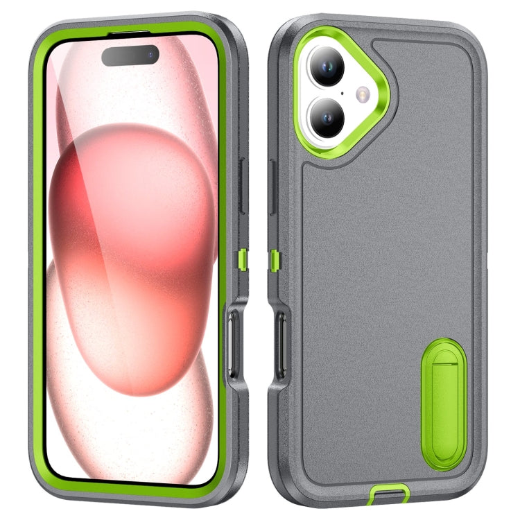 For iPhone 16 Plus Rugged PC + Silicone Phone Case with Holder(Grey+Fresh Green) - iPhone 16 Plus Cases by buy2fix | Online Shopping UK | buy2fix