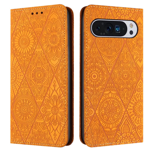 For Google Pixel 9 Pro XL Ethnic Embossed Adsorption Leather Phone Case(Yellow) - Google Cases by buy2fix | Online Shopping UK | buy2fix