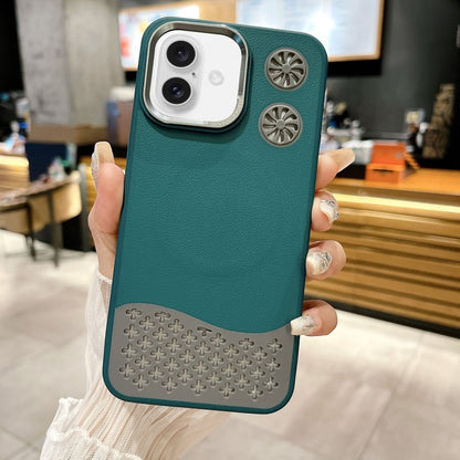 For iPhone 16 Plus Leather Textured Fan Hollow Cooling MagSafe Magnetic Phone Case(Green) - iPhone 16 Plus Cases by buy2fix | Online Shopping UK | buy2fix