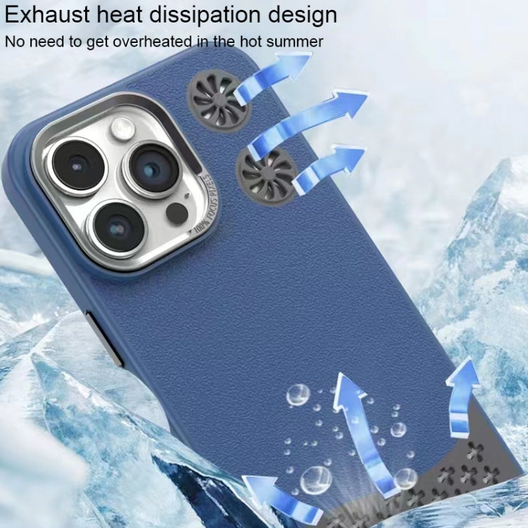 For iPhone 16 Plus Leather Textured Fan Hollow Cooling MagSafe Magnetic Phone Case(Grey) - iPhone 16 Plus Cases by buy2fix | Online Shopping UK | buy2fix