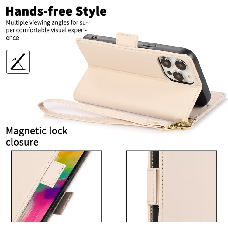 For iPhone 16 Pro Side Buckle RFID Anti-theft Leather Phone Case(Apricot) - iPhone 16 Pro Cases by buy2fix | Online Shopping UK | buy2fix