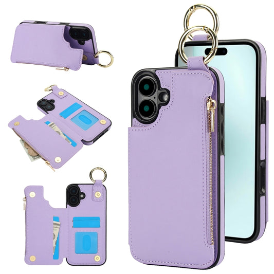 For iPhone 16 RFlD Anti-theft Double Buckle Ring Zipper Card Phone Case(Purple) - iPhone 16 Cases by buy2fix | Online Shopping UK | buy2fix