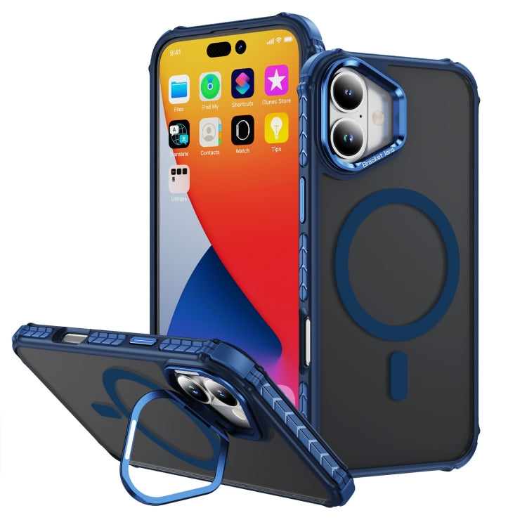 For iPhone 16 Rainbow Series Skin Feel MagSafe Lens Holder Phone Case(Blue) - iPhone 16 Cases by buy2fix | Online Shopping UK | buy2fix