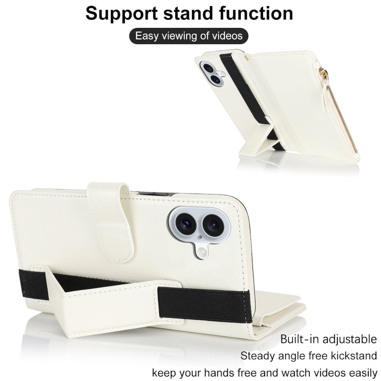 For iPhone 16 Plus Wristband Holder Zipper Purse RFID Leather Phone Case(White) - iPhone 16 Plus Cases by buy2fix | Online Shopping UK | buy2fix