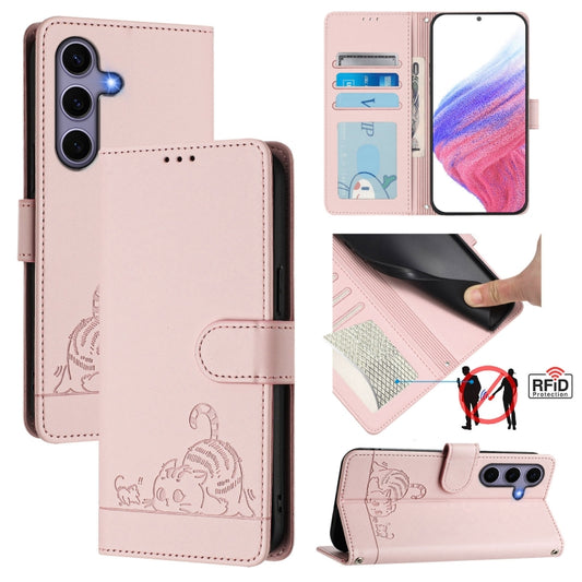 For Samsung Galaxy S25 5G Cat Rat Embossed RFID Leather Phone Case with Lanyard(Pink) - Galaxy S25 5G Cases by buy2fix | Online Shopping UK | buy2fix