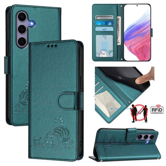 For Samsung Galaxy S25 5G Cat Rat Embossed RFID Leather Phone Case with Lanyard(Peacock Green) - Galaxy S25 5G Cases by buy2fix | Online Shopping UK | buy2fix