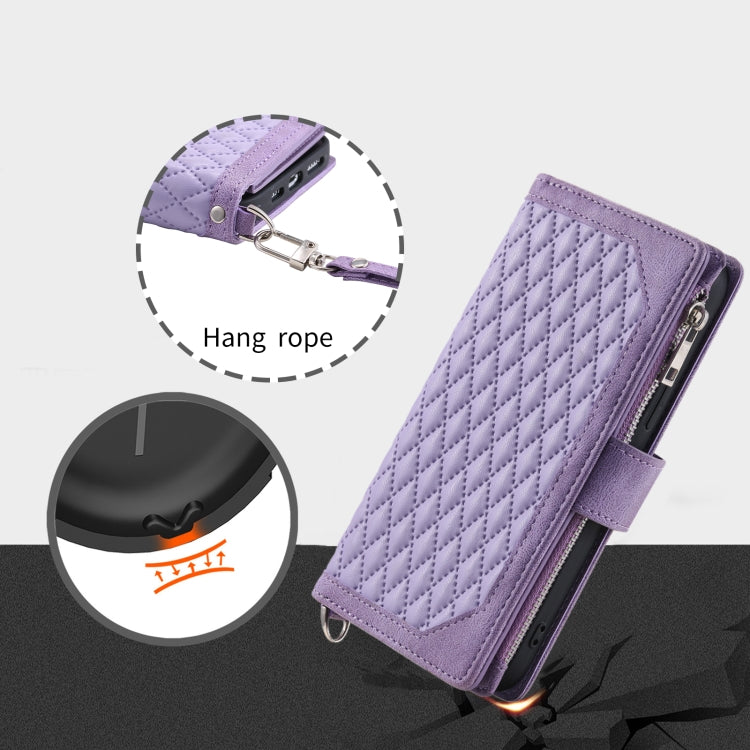 For Google Pixel 9 Pro XL Grid Texture Zipper Leather Phone Case with Lanyard(Purple) - Google Cases by buy2fix | Online Shopping UK | buy2fix