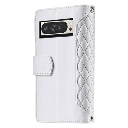 For Google Pixel 9 Pro XL Grid Texture Zipper Leather Phone Case with Lanyard(White) - Google Cases by buy2fix | Online Shopping UK | buy2fix