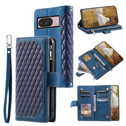 For Google Pixel 9 / 9 Pro Grid Texture Zipper Leather Phone Case with Lanyard(Blue) - Google Cases by buy2fix | Online Shopping UK | buy2fix