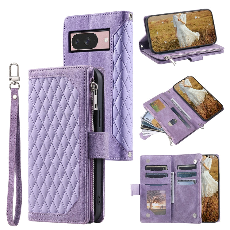 For Google Pixel 9 / 9 Pro Grid Texture Zipper Leather Phone Case with Lanyard(Purple) - Google Cases by buy2fix | Online Shopping UK | buy2fix