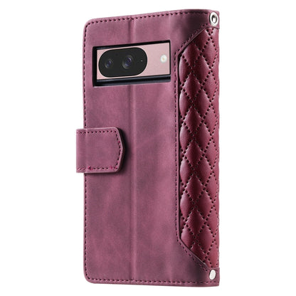 For Google Pixel 9 / 9 Pro Grid Texture Zipper Leather Phone Case with Lanyard(Wine Red) - Google Cases by buy2fix | Online Shopping UK | buy2fix